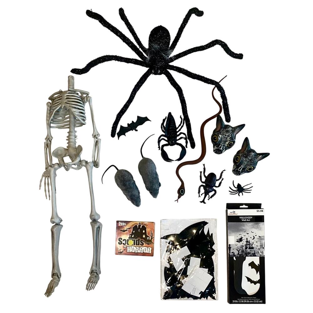Halloween Decor Bundle Skeleton, Rats, Cat Heads, Spiders, Bat, Snake, Scorpion